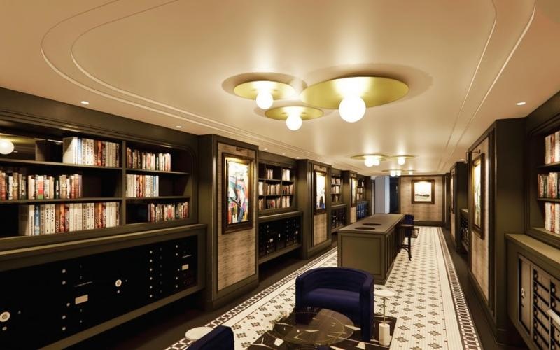 a mail room and library with shelves of books